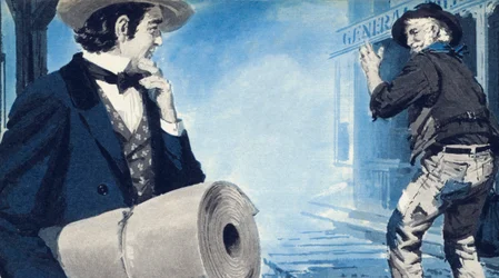Levi Strauss, der seine Rolle Leinwand trägt, kommt in San Francisco an